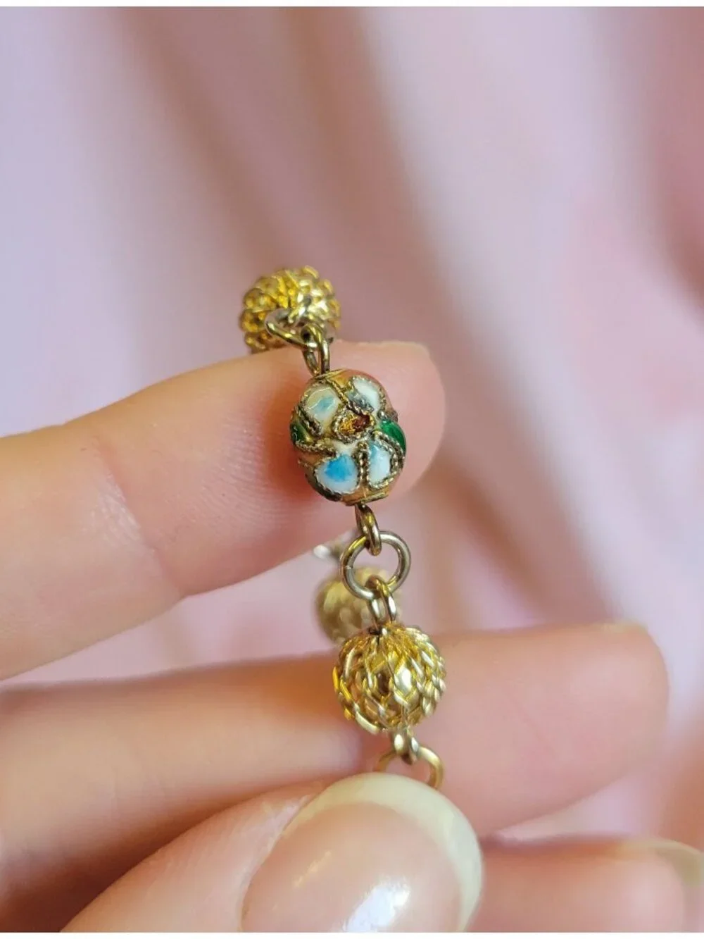 Gold Tone Pink Green Cloisonne Enamel Flower Beaded Wrap Chain Bracelet B1A